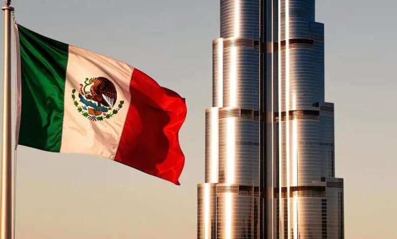 The burj al khalifa in dubai with a mexican flag flying in the foreground.jpg